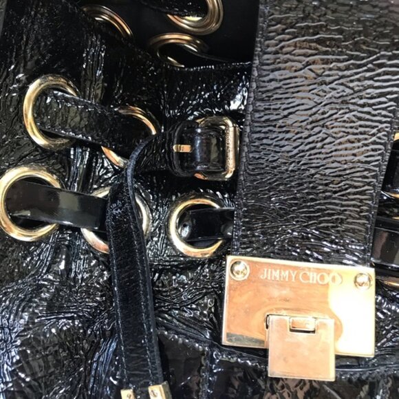 Jimmy Choo Ramona Leather Patent Shoulder Bag Tote Satchel Logo Pockets Black Lg - Picture 13 of 15